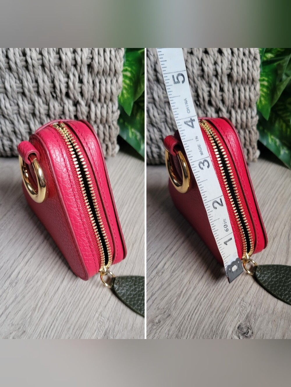 Cuyana Triangle Fruit Pouch Italian Leather Rare Raspberry & Gold Hinge, 4" x 4" - Picture 12 of 16